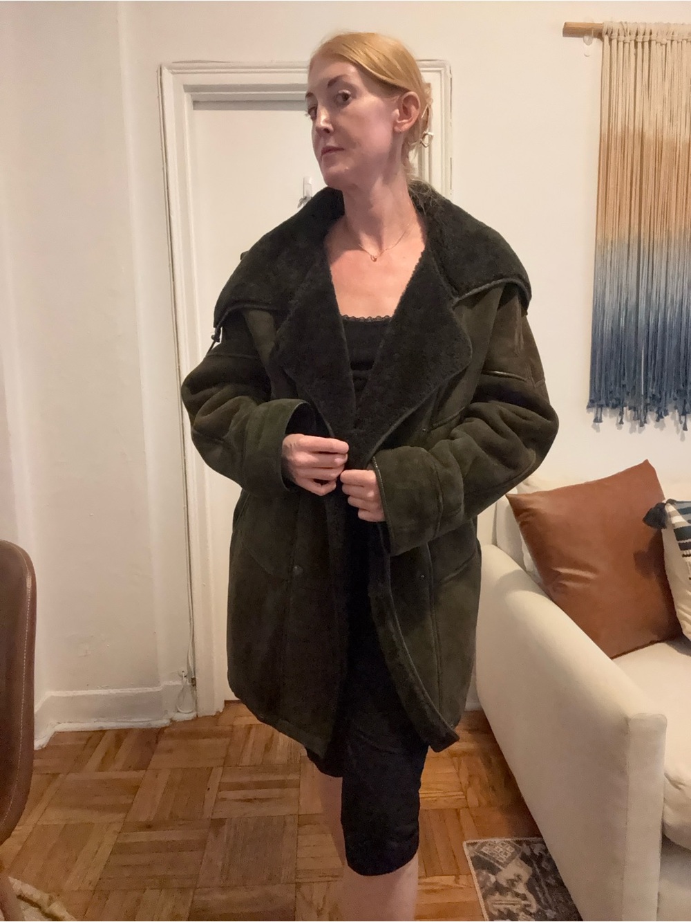 Vintage Olive Green Teddy Shearling Jacket - Women's Plush Coat